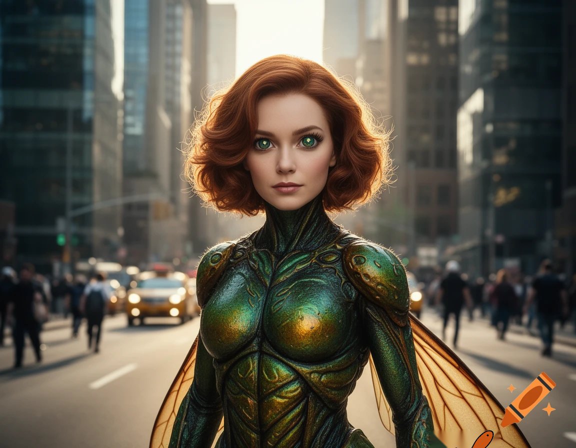 April O’Neil as an insect-woman with auburn wavy short hair