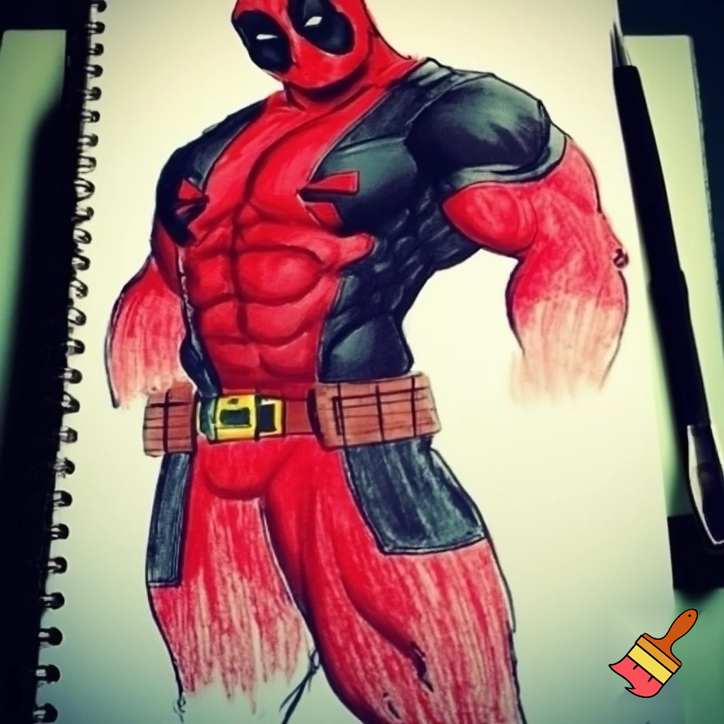 A sketch of Deadpool with a bodybuilder body