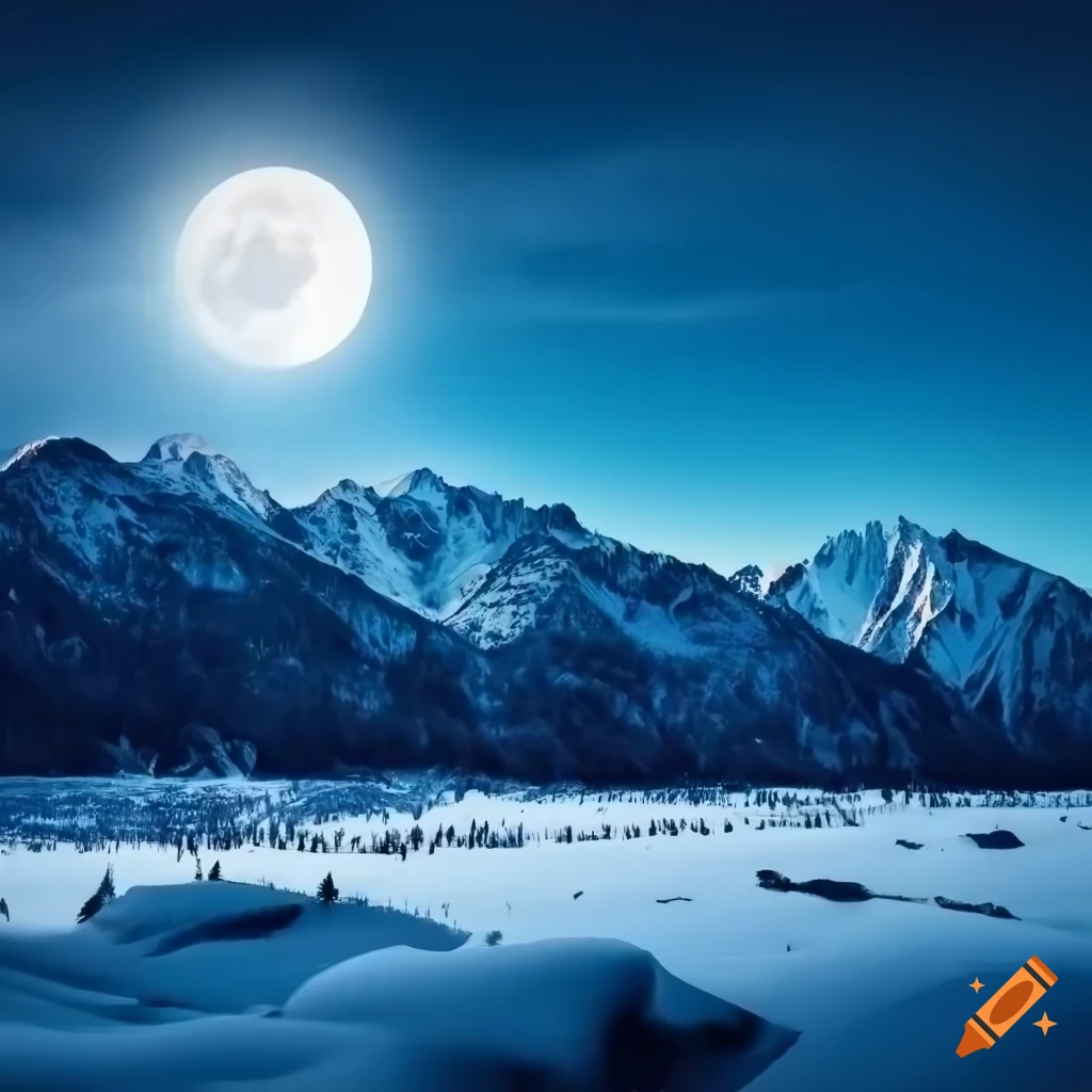 winter landscape of mountain range under bright moonlight