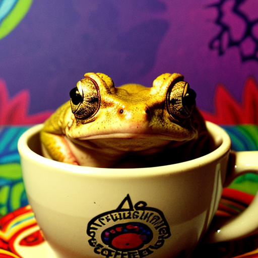 A hillarious, funny boho toad with some hippie colored coffee cups. Psychedelic decorated background, hyperrealistic. Close-up view.