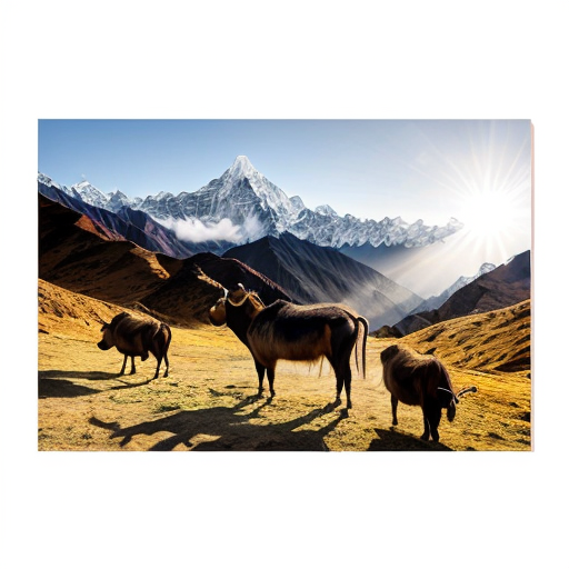 “A realistic painting of the Nepal Himalayas, featuring a yak and chyangba in traditional style, vivid colors, sunlight highlighting the mountains, ultra-detailed, 100% hand-painted look, professional digital painting style