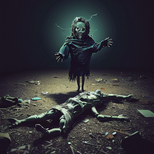 ​A screenshot of a social media feed with two stacked posts, featuring unreadable, distorted text and standard interaction icons. The top post displays two side-by-side images of a distorted, macabre humanoid figure in a tattered gown, covered in tattered cloths, lying on light dirt. The bottom post shows a single image of a messy, desolate space filled with debris and a dark, heavily distorted demon, The entire image must have a low-resolution, weirdcore, "cursed image" style with early AI generation artifacts.