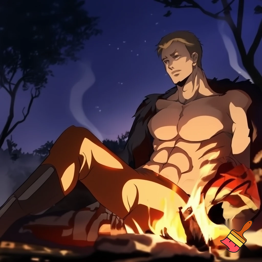 A hansom anime knight with abs and pecks with his armour off sitting around a campfire with his shirt off and only 