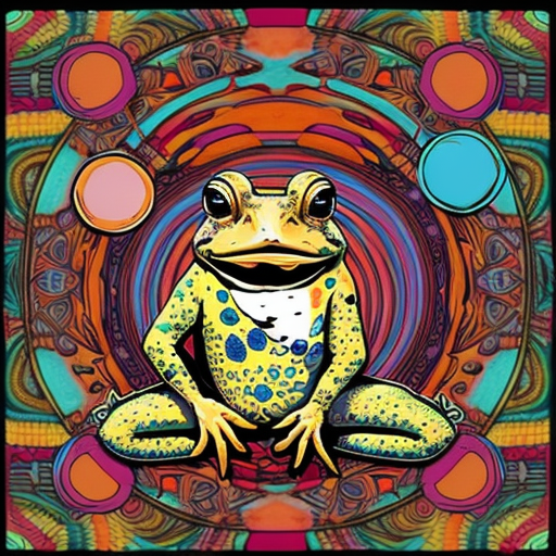 A hillarious, funny boho toad with some hippie colored coffee cups. Psychedelic decorated background.
