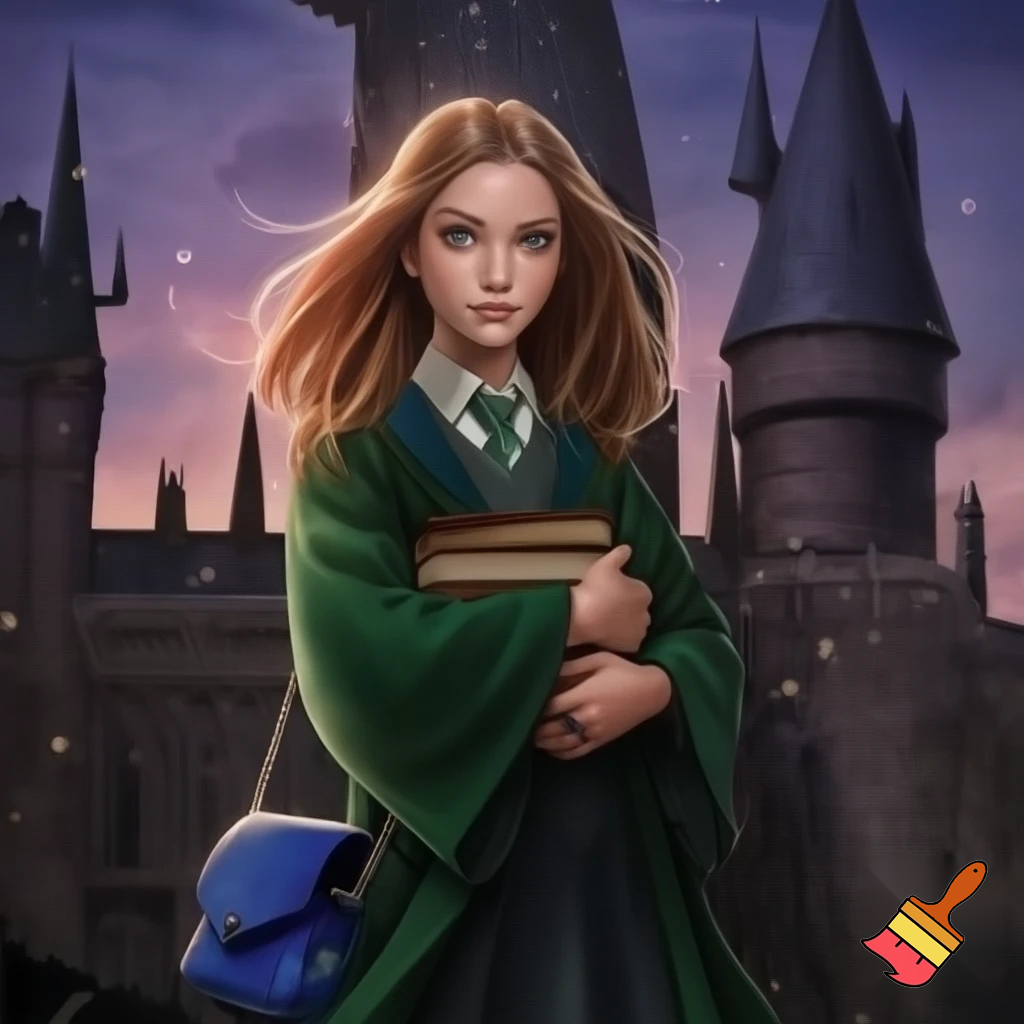 Make me a picture of a young 14 year old girl with straight brownish-blonde hair and pale skin and glasz colored eyes. She is wearing Slytherin robes and standing in front of Hogwarts holding her books and she has a small blue side bag