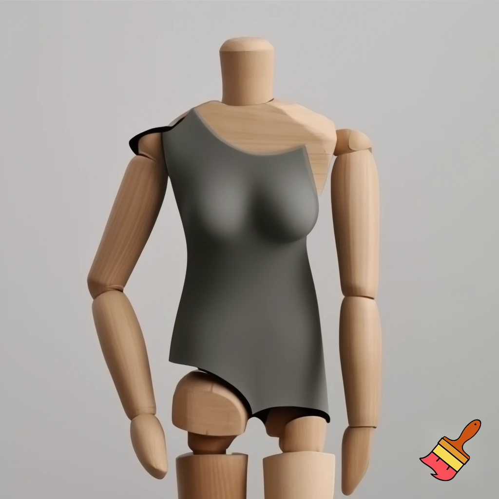 flat woman figure 6 mm cut out of wood with  flat pieces of clothes 3D printed out of plastic attached with help of magnets from both sides so it sits like real clothes and fits the size of woman figure
