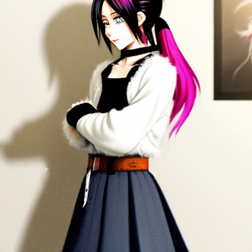 Girl With VERY DARK BROWN (Almost Black) Hair At The Top, An Ahoge Of The Same Color At The Top Of Her Head, Pink Locks In The Middle, And The Very Bottom Of Her Hair Is White, She Has Amber Eyes, One Of Them (Her Left) Is COvered By Her Hair, She Has Fluffy White Inu Ears At The RIGHT AND LEFT SIDES Of Her Head, She Wears An ORANGE Bandana In Her NECK, Dark Grey Longsleeved Shirt Who's Sleeves Are Oversized, A Belt Over A Dark Blue Skirt, And A White Fluffy Inu Tail