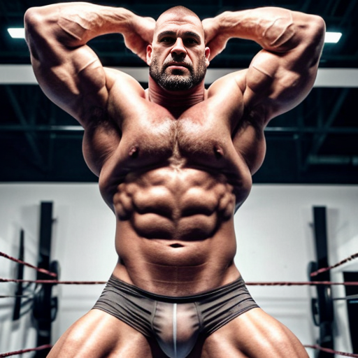 Incredibly Muscular wrestler with huge pecs wearing grey briefs. He is white. He is bald but has a hairy chest and doing a double bicep pose.