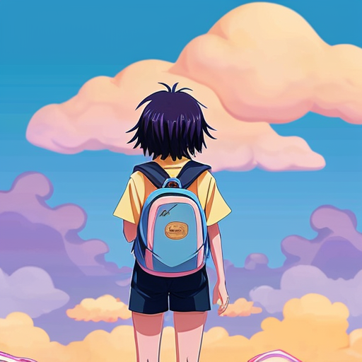Little Dora purple backpack pink t-shirt orange short pants yellow socks white sneakers on a sitting cloud in the sky from Dora the Explorer. migration