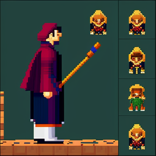 pixel art cloak mage spritesheet with idle, run, jump, attack, protect, and faint. side view, 32x32