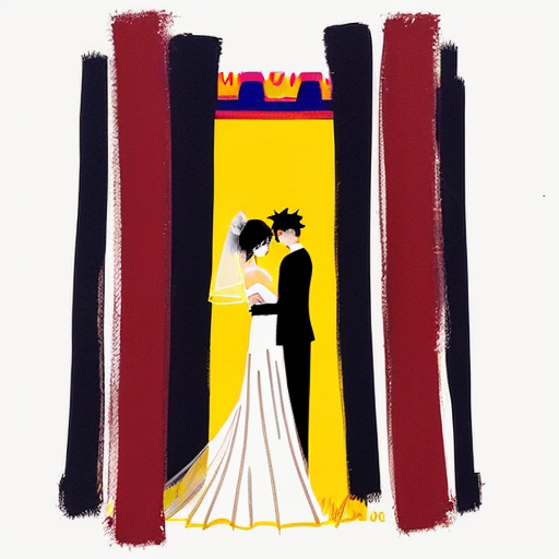 A minimalist painting inspired by Jean-Michel Basquiat, depicting the iconic façade of the Palace Hotel in Barcelona. The scene suggests a romantic wedding atmosphere with a couple symbolized through abstract figures and simple lines. Use expressive brushstrokes, raw textures, and a limited color palette (black, white, red, and gold). Incorporate subtle crown motifs and handwritten-style elements. The composition should feel elegant yet spontaneous, simple but striking.