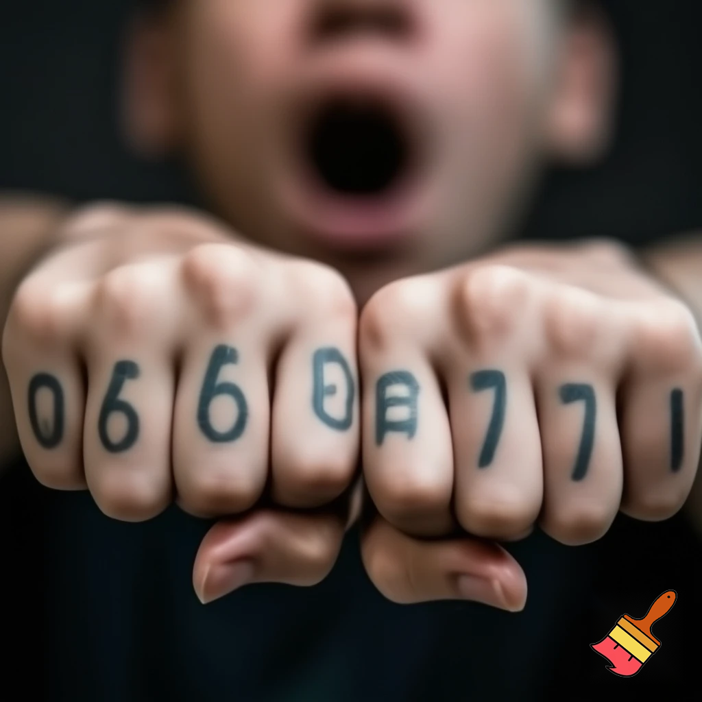 The number  6 7 on a person's hands while the person's mouth hangs open in a weird unlocked position. 