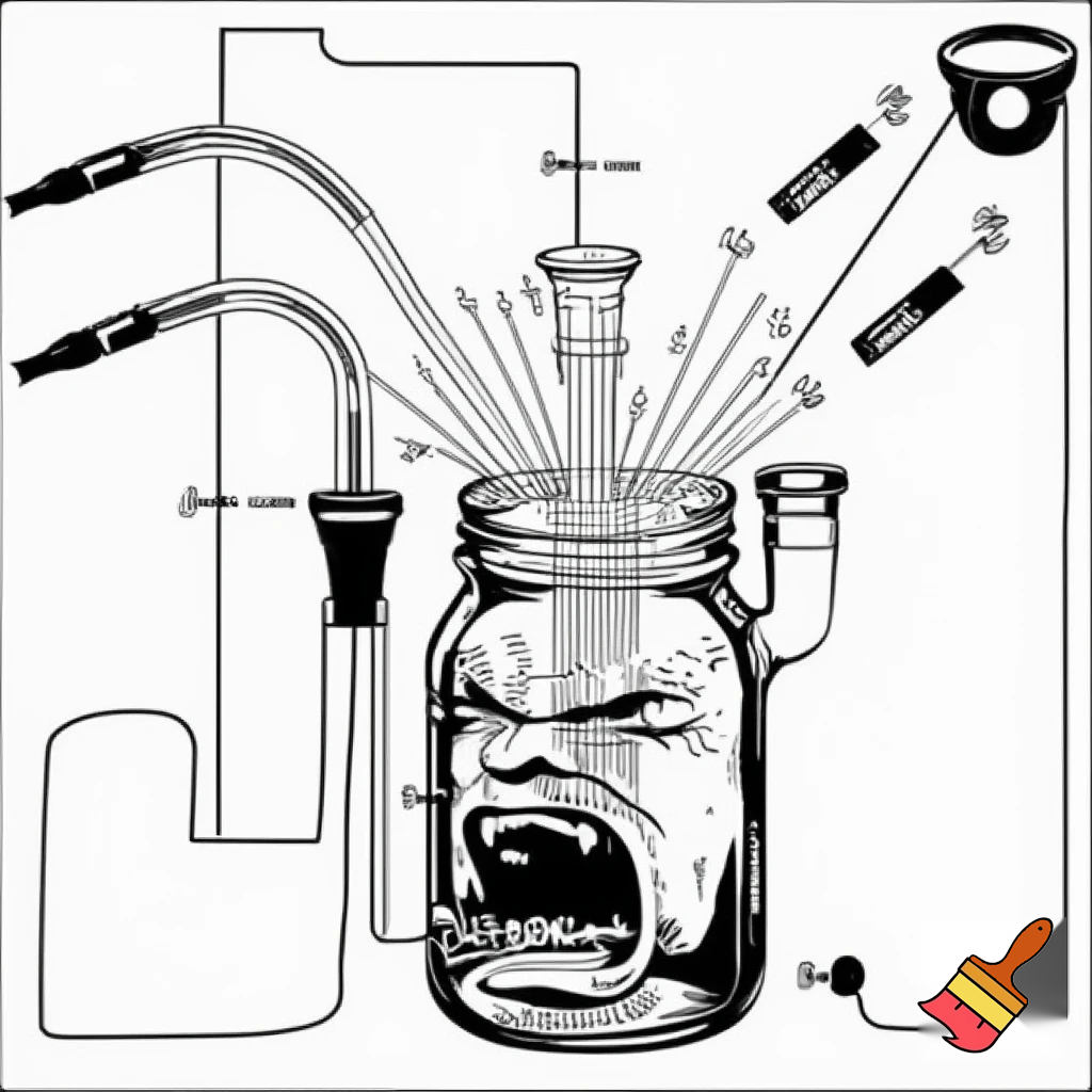 "A black and white diagram of a mason jar water pipe, with labels for 'MOUTHPIECE', 'DOWNSPOUT', 'BOWL HOLE', and 'MASON JAR'. The jar has an extremely angry, seething face with an open, shouting mouth, conveying intense, boiling rage that is trying to break free from the diagram's constraints."