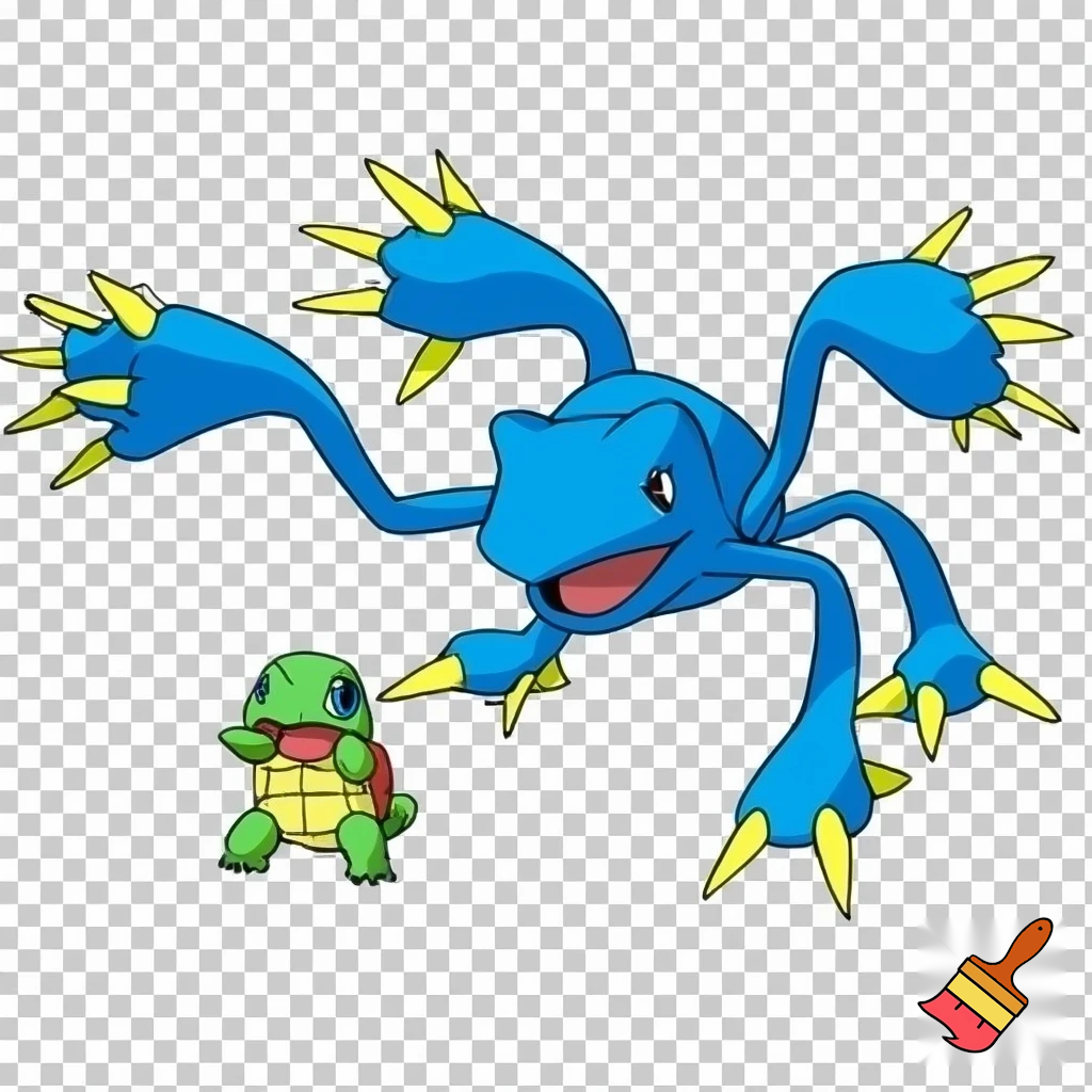a fusion of blue rookie level veemon agumon hybred digimon squirtle bulbasaur turtle hybred pokemon  with skinny short arms and skinny short legs deatailed tiny turtle creature