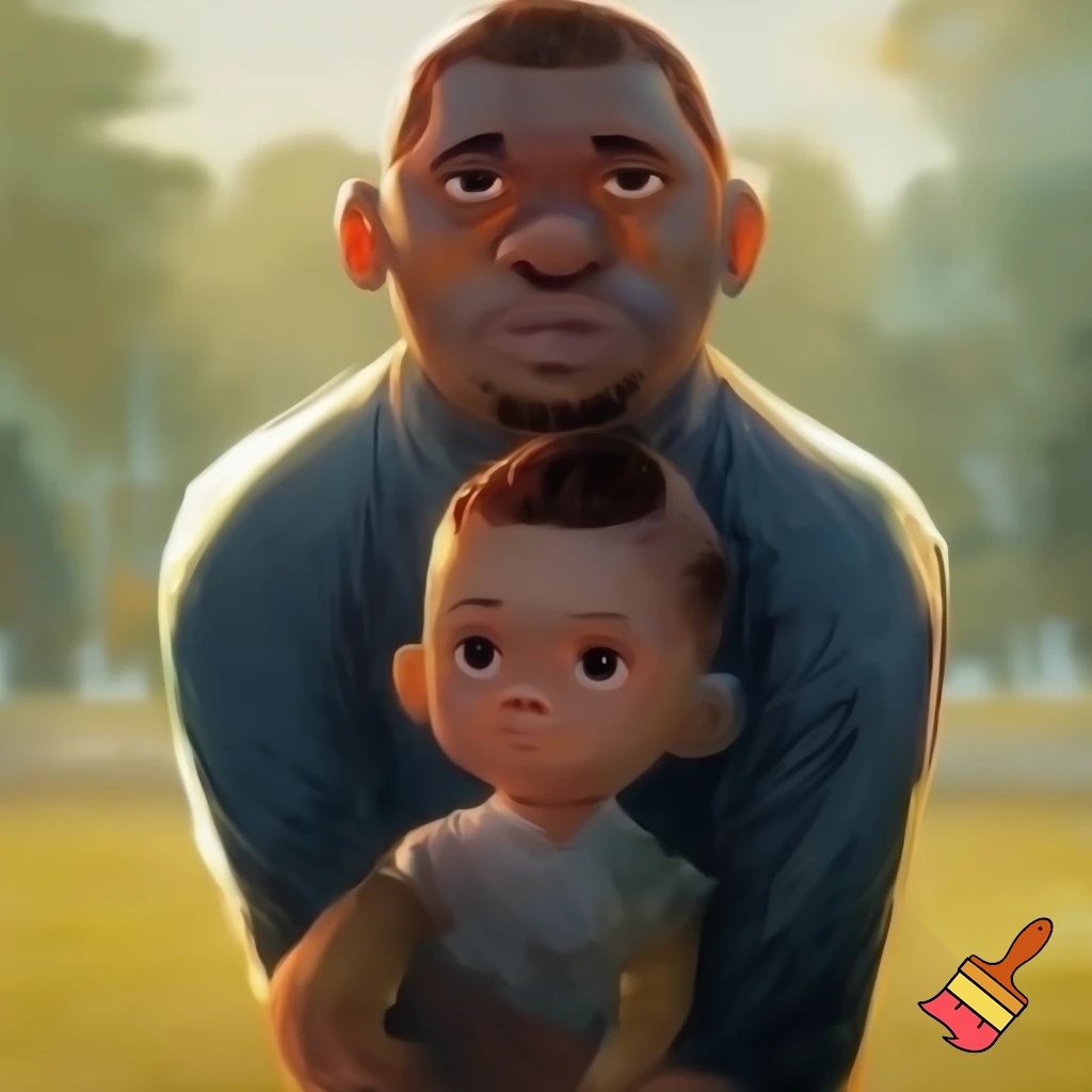big black guy standing behind a little kid with middle part haircut