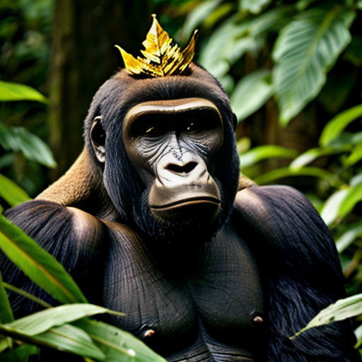 a big king gorilla with a golden leaf crown in the jungle with red eyes