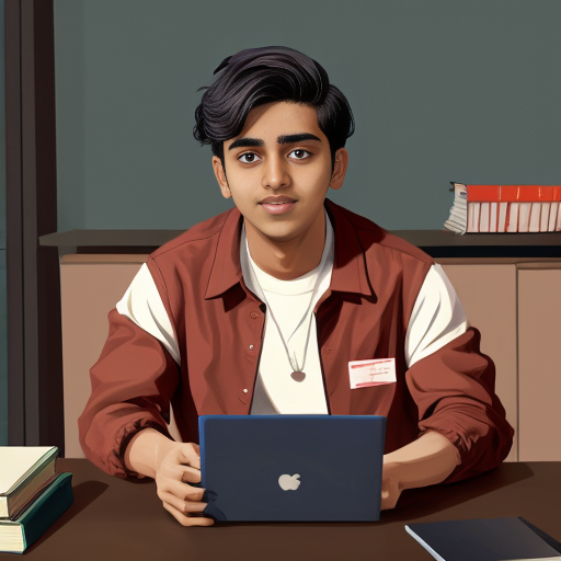 Aryan, 21-year-old Indian engineering student, medium wheatish skin, wavy black hair, brown eyes, clean-shaven face, red overshirt jacket, white t-shirt, dark jeans, studying at desk, laptop open, books scattered, same character design, cinematic horror animation
