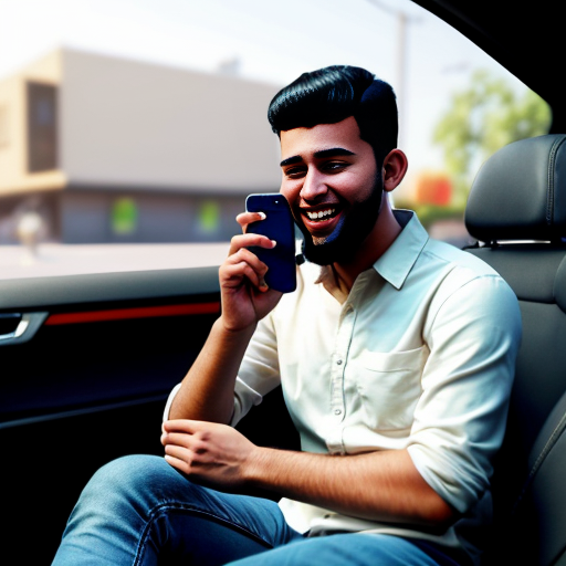 Pixar-style 3D cartoon, young Muslim man, 20 years old, beard, black jeans, white shirt, sitting in a car, holding phone to his ear, answering a call, relaxed pose, big expressive cartoon eyes, friendly smiling face, city visible through car windows in the background, bright colors, cinematic lighting, simple cartoon style