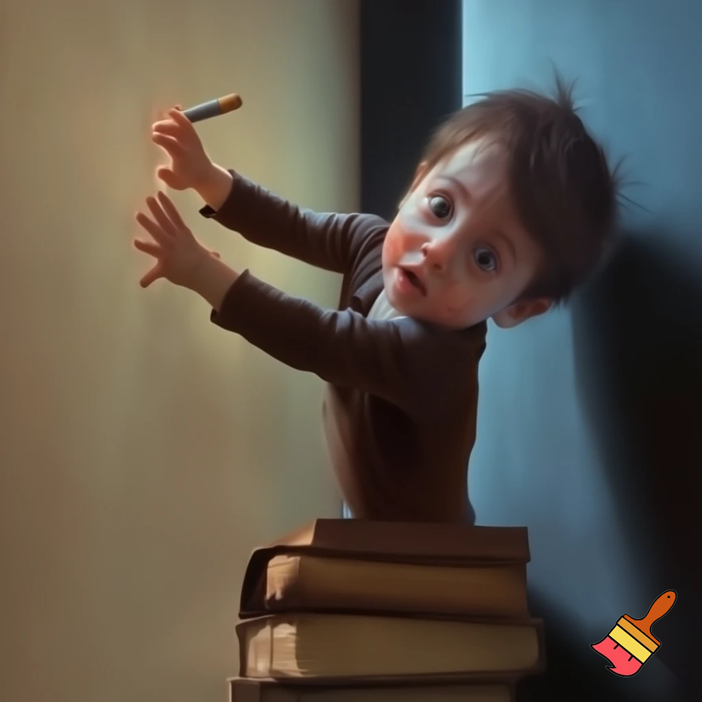 A child standing on four books to reach the wall, holding a single crayon in his hand as he tries to draw on it. Fear is visible on his face, as if he has just seen someone about to scold him. The scene is detailed and realistic, with soft natural lighting, cinematic depth, and expressive emotions. Ultra-realistic, 4k, cinematic realism.