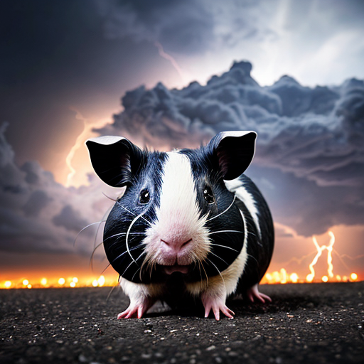 teddy the guinea pig is round in an epic pose with Elbrus on its back as part of its body, with blue neon eyes and atomic breath in the clouds and thunderstorm, with cinematic lighting for drama