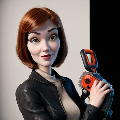 Photo of a pphotorealistic woman, lookalike of Edna from the Incredibles, very attractive facial features, very young looking for her age, 45 yo. The woman is wearing a broken Jason mask (covering only 3/4 of the face, with the top left quarter being uncovered, her deep brown eye visible. Is wearing a very modern elegant b&w outfit, holding chainsaw in hand.