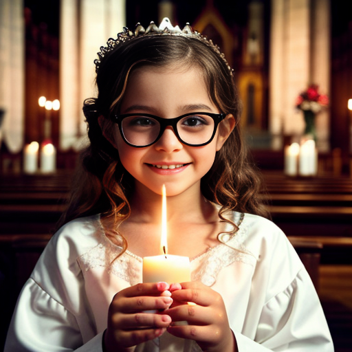 Cute adorable niña Chilindrina glasses con hair curly Blonde con corona Flores con verano elegante formal primera comunión sensual sexy con holding vela dé candela con altar con iglesia templó católico 2