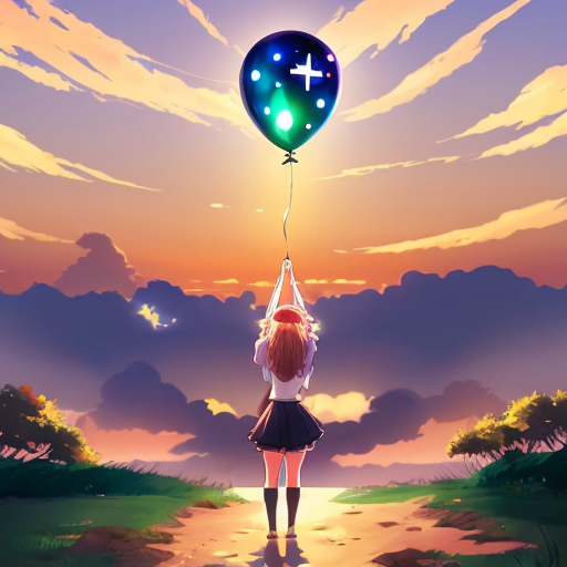 Portrait A sunset with a Jewish star in the middle glowing, a cat with tree legs and no tail sits on it. While a girl stands in the middle holding a balloon