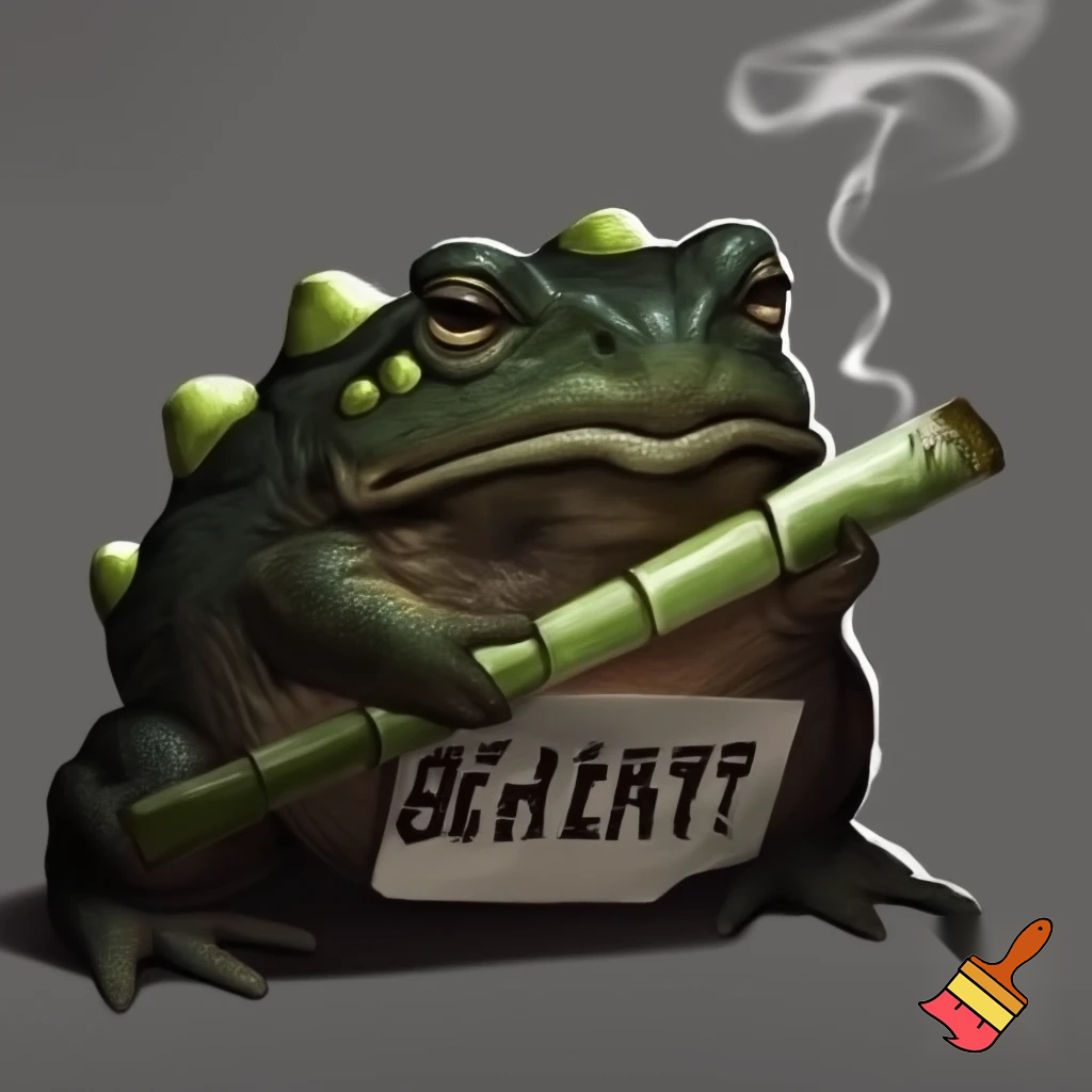 toad, dark green skin, light green glands, short tophat, smoking sugercane, frowning, in mugshot, standing, holding sign saying Cane Toad,