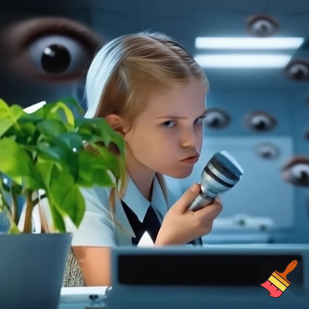 blond girl talking to plant with a spy microphone in his right hand while she is spied for many eyes into a office.