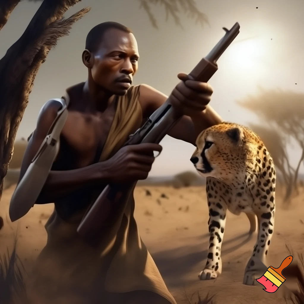 An image of a bush man holding a knife and a gun pointing the gun at a cheetah