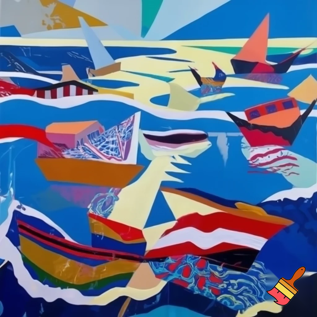 postmodern acrylic painting sea and boats 
