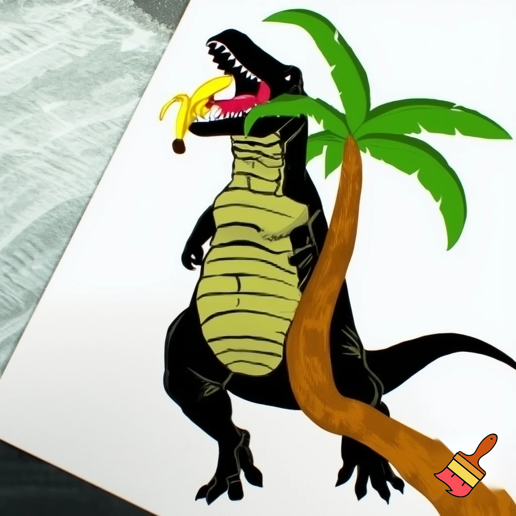t rex sitting on palm tree eating a banana