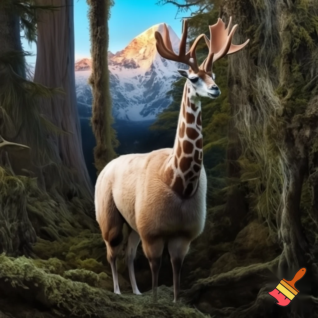A hybird real life llama + girffe + hawk + moose forset back mountain on