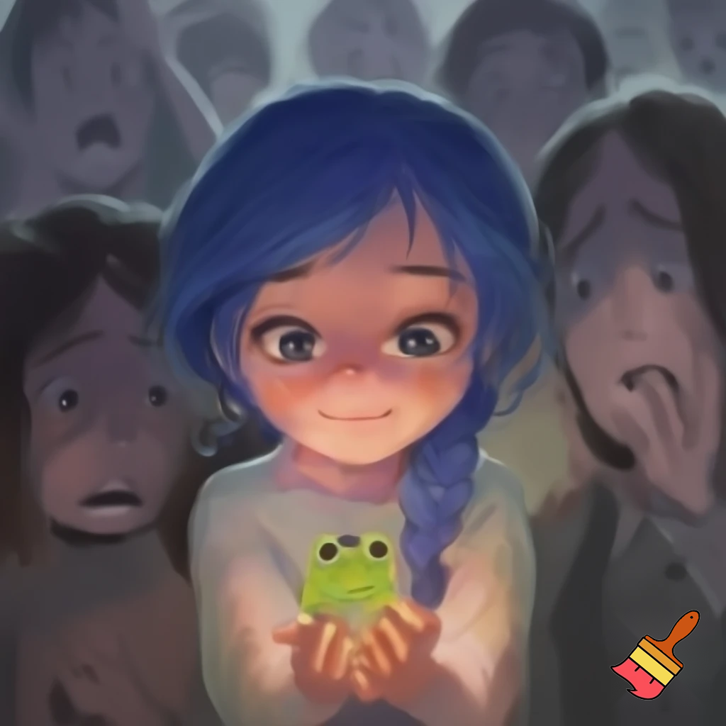 girl with blue braid and has a black jacket with blue eyes
with smile holding a frog all the people was scared of a frog the girl got bulliyed with boys and girls