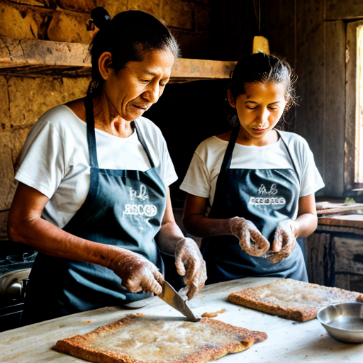 Grandmother and teen cooking cassava bread in a rustic Amazon kitchen.”