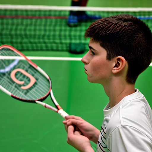 a side profile of a 14 year old boy hitting a badminton shuttlecock about 10 metres