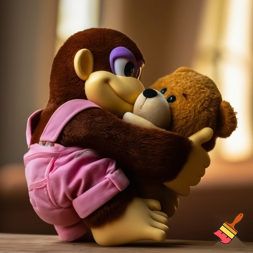 Dixie Kong hugging a teddy bear