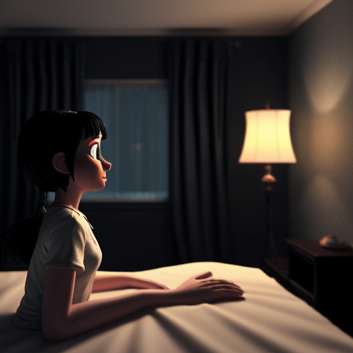 “3D Pixar-style animated horror scene, a cute young girl sleeping on a bed at night, long black hair on the pillow, a creepy pale ghost hand slowly touching her hair from behind, the girl opening her eyes with a shocked and scared expression, dark bedroom, blue moonlight coming through the window, spooky shadows on the wall, cinematic dramatic lighting, suspenseful horror atmosphere, ultra detailed, high quality, vibrant 3D animated movie style, expressive face, depth of field, dramatic camera angle, YouTube viral thumbnail composition.”