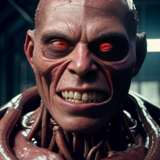 A 9 :16 aspect ratio pic of Photorealistic close-up portrait of a grotesque, skinless biomechanical face made of raw, glistening red muscle, veins, and sinew. Wide staring eyes and a gaping mouth filled with stringy fleshy fibers. The head is encased in a clear glass dome helmet with metallic tubes connecting to the jaw and neck. The creature wears a blue garment at the shoulders. Cinematic lighting, wet textures, highly detailed sci-fi body horror, 8k resolution.