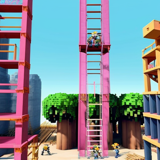 a pink construction site with a bunch of tilted pink layers with blue ladders going to each one and at the top there's donkey kong and at the middle a mario with red overalls and and a blue shirt and there's barrels on the tilted pink layers, make it all 8 bit