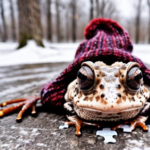 A laughable, puzzled animal toad in woolen, multicoloured winter clothings with woolen winter cap. Hyperrealistic art style.