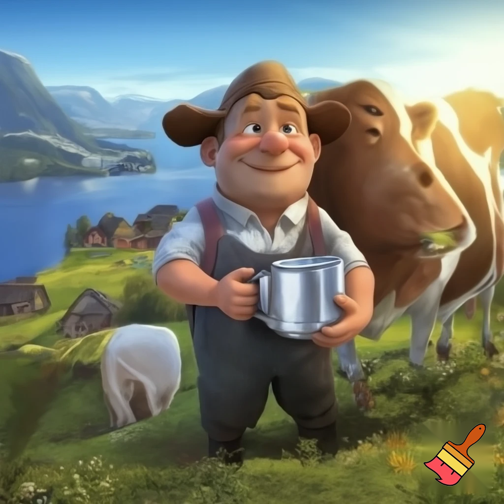 generer et bilde til en reklameplakat, produktet vi skal reklamere for er melkespann laget av vårt firma Nessemaskin. Slagordet vårt er "Litt melk om dagen gjør bra for magen, kjøp vårt melkespann så smiler både mor og mann". Vi vil også få fram at vårt firma er det eneste du kan stole på, spill på nasjonalromantikken og få fram at produktet vårt kan brukes til alt du kan tenke deg, det er bare fantasien som stopper deg. Spill på nasjonalromantikken ved å ha med kyr, fin norsk natur og ei budeie som holder melkespannet
