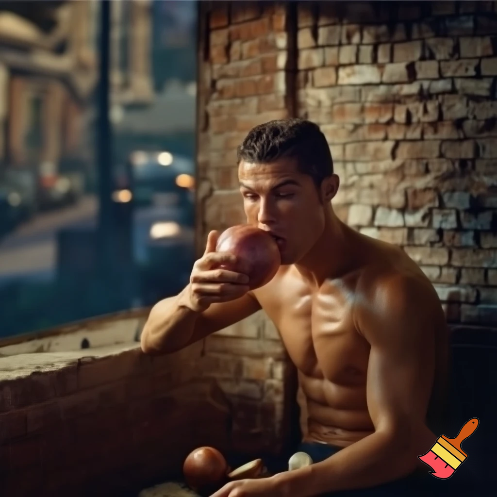 cafe wall with ronaldo eating oinions on it
