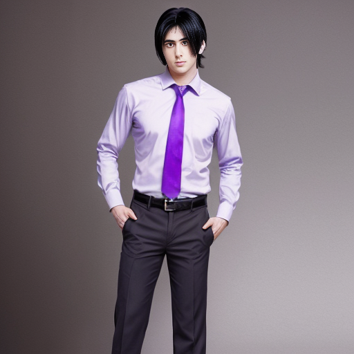 a anime tall guy with black hair purple eyes business pants anime.

 
