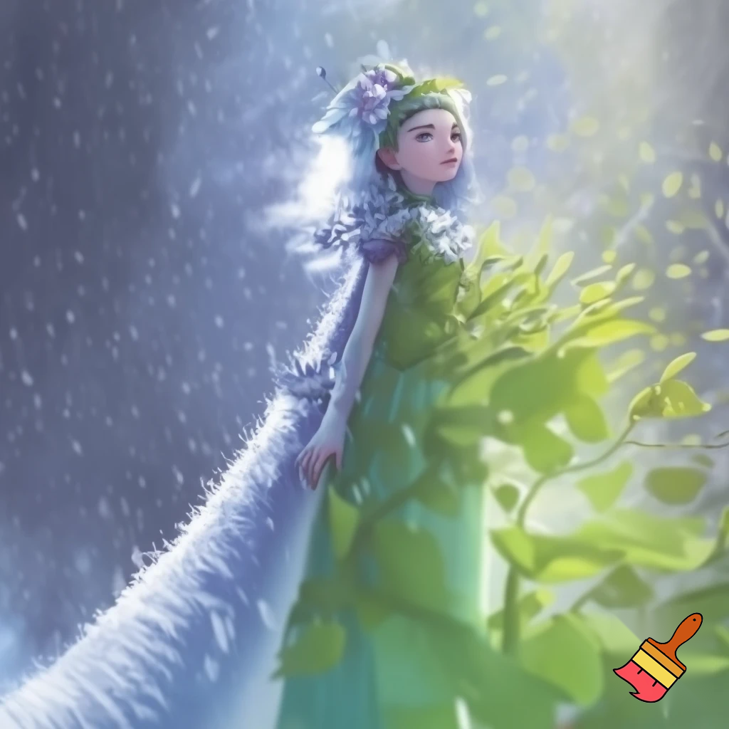 Девушка Зима плавно растворяется и переходит в девушку Весну, природа фэнтези, сказочно, волшебно

