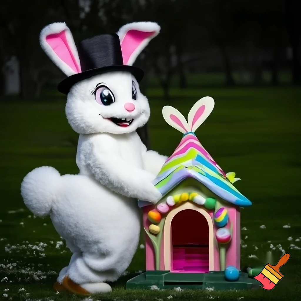 Easter bunny mascot top hat costume with a Easter bunny’s house