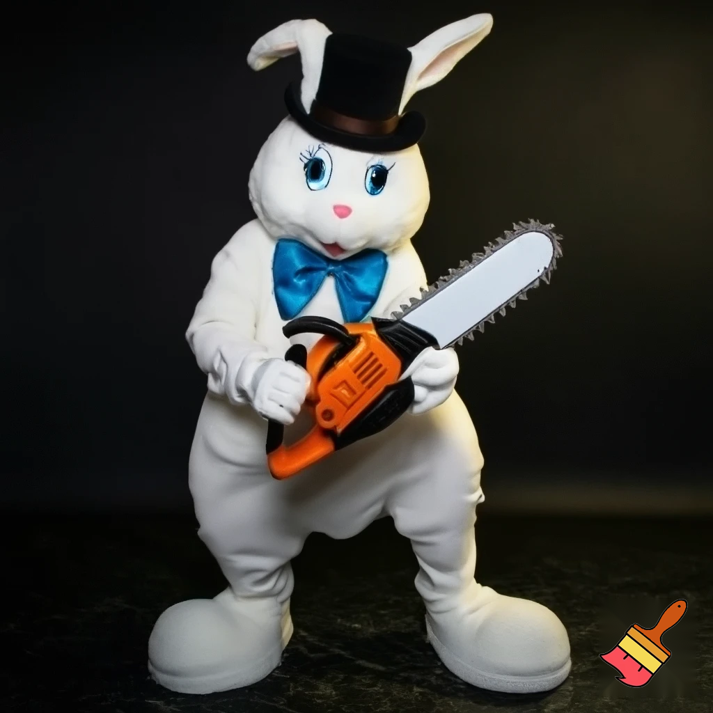 Easter bunny with a chainsaw with a top hat mascot costume go to naughty people angry Easter bunny