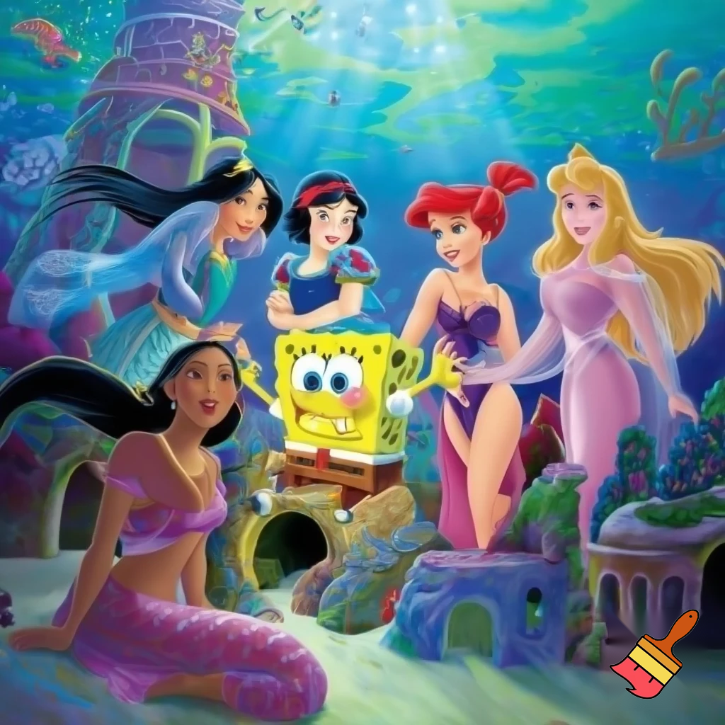 The SpongeBob SquarePants Movie SpongeBob Meets Mulan Jasmine Snow White Ariel Cinderella Pocahontas Belle Aurora In Bikini Bottom 