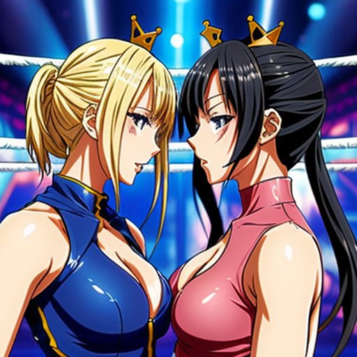 two queens wrestling for the throne in armored leotard 