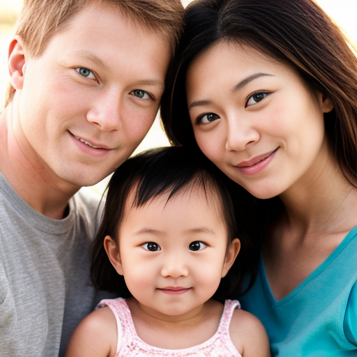 can you make a photo of a family of three thats not asian I have blonde hair and blue eyes 